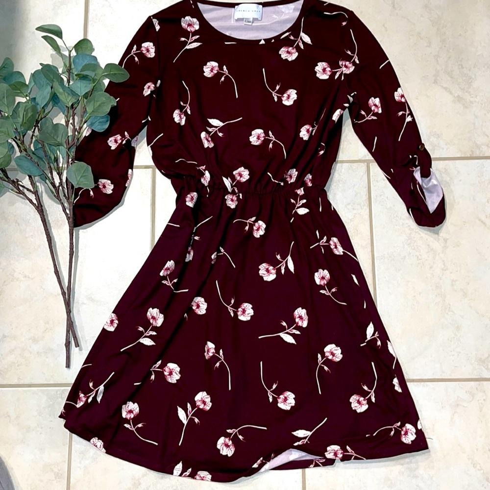 FRECH GREY Maroon dress wtih Floral design S: Med